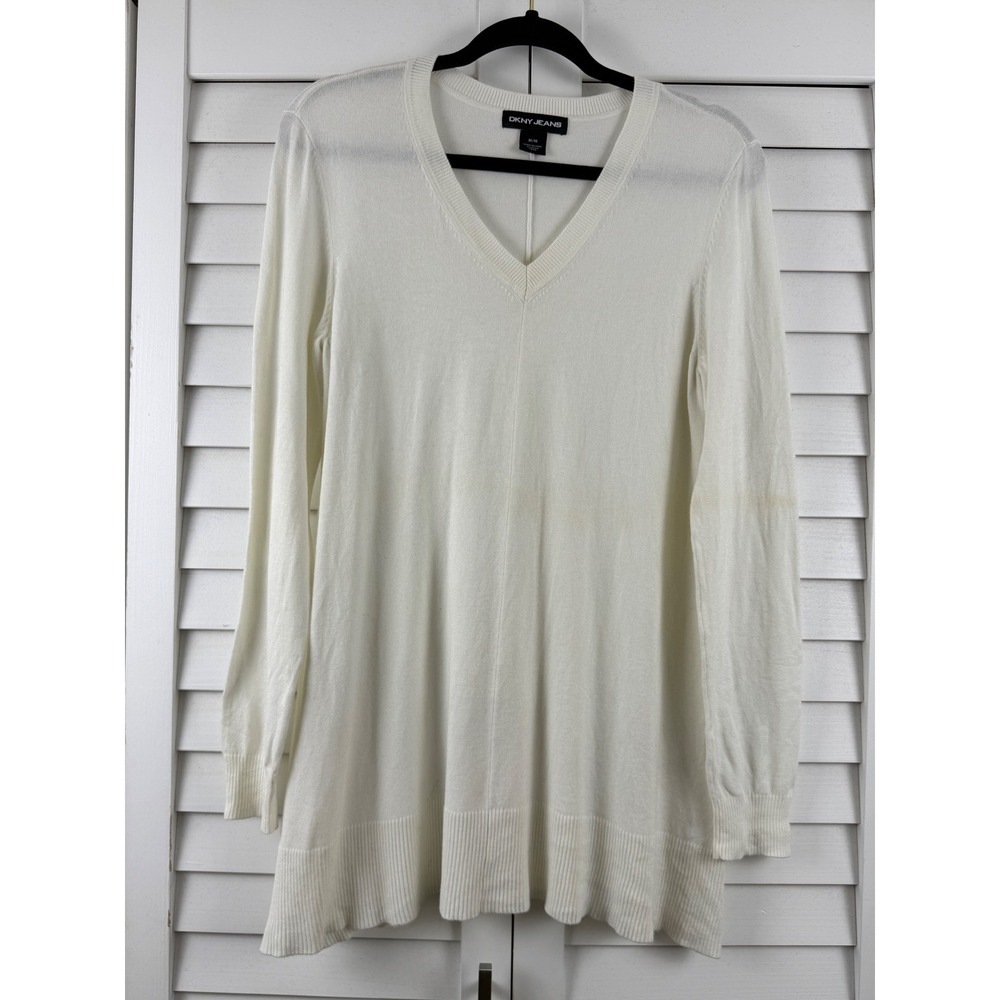DKNY Jeans V-Neck Sweater Womens M White Long Sleeve Tunic Ribbed Hem